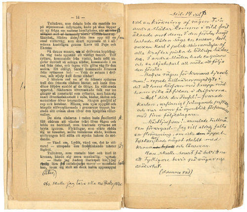 Ett uppslag i sättningsmanuskriptet till bokupplagan från 1889.