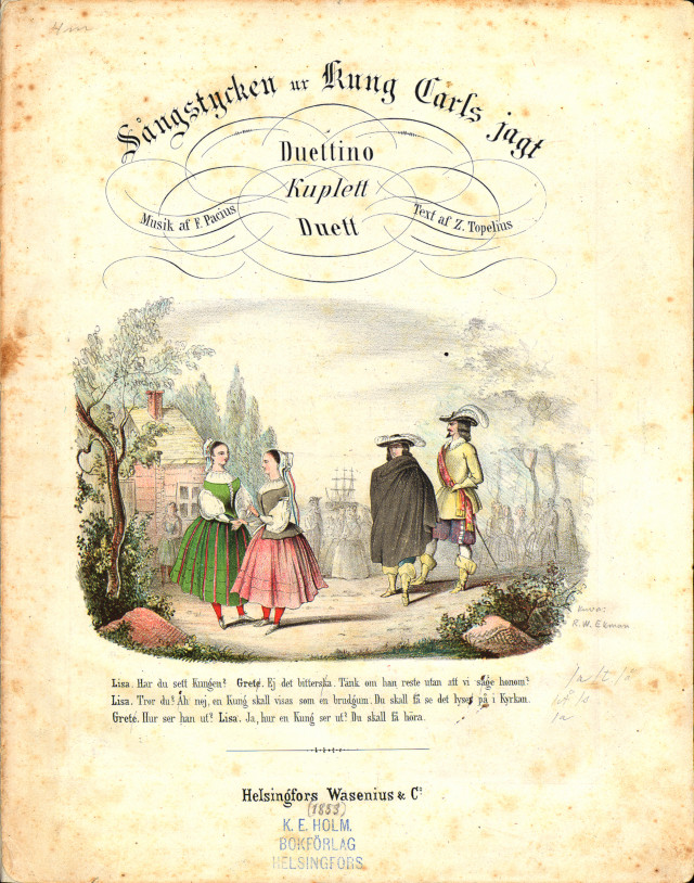 Titelblad till nottrycket Sångstycken ur Kung Carls jagt (1853).