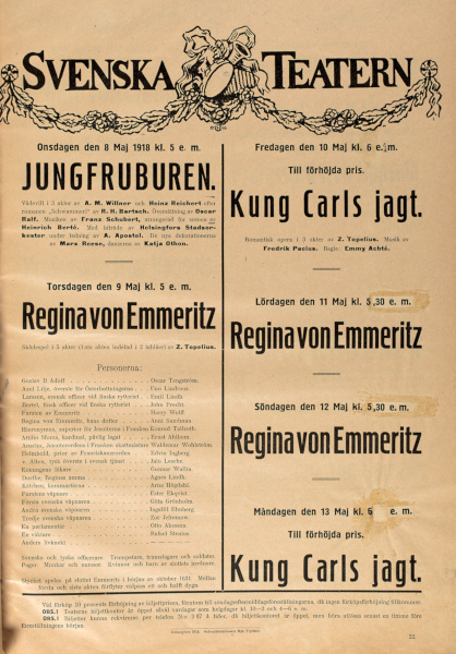 Affisch: Regina von Emmeritz och Kung Carls jagt på Svenska Teatern 1918.
